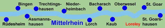 Rheinschifffahrt von Rüdesheim, Bingen, Assmannshausen oder Bacharach zur Loreley und nach St. Goar